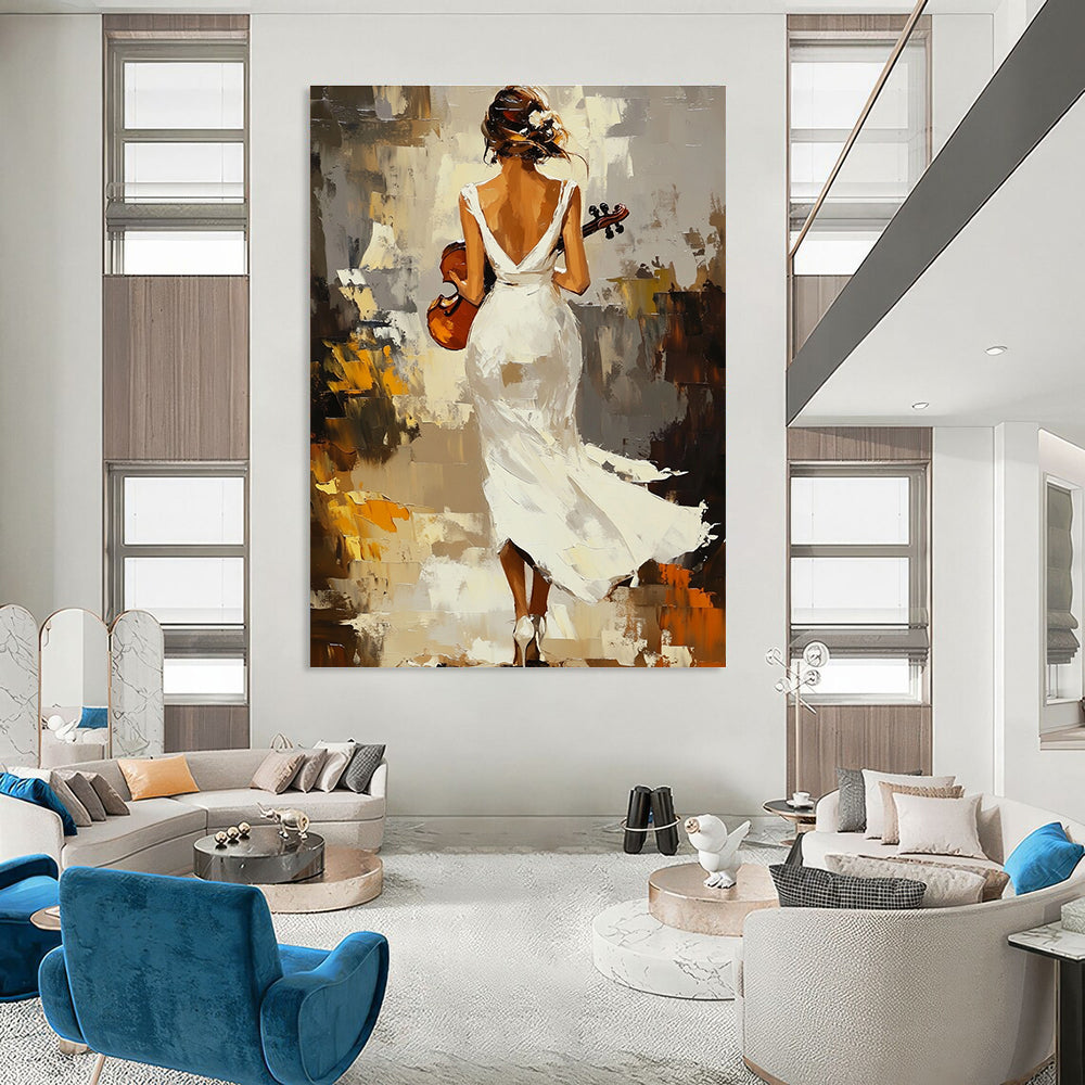 Abstract painting of an elegant woman in a flowing white dress holding a violin amidst warm impressionist scenery with visible brush strokes.STSC1379