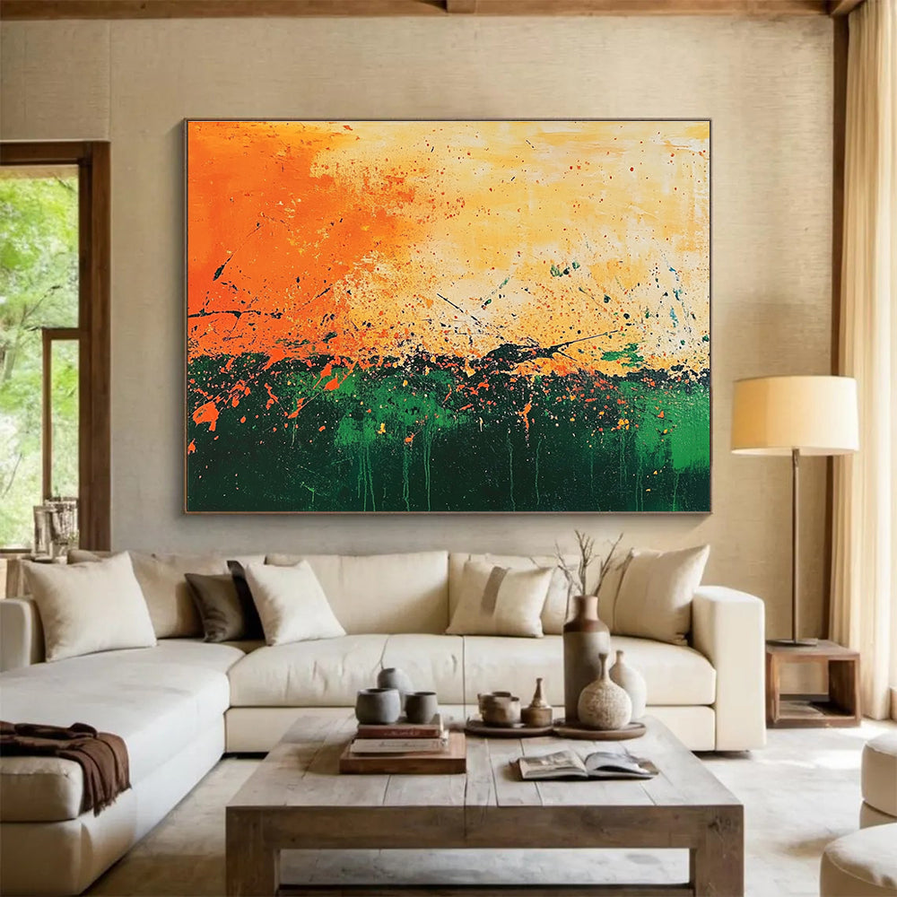 Large abstract painting featuring vibrant orange and green paint splatters reminiscent of Jackson Pollock's dynamic style.SC062
