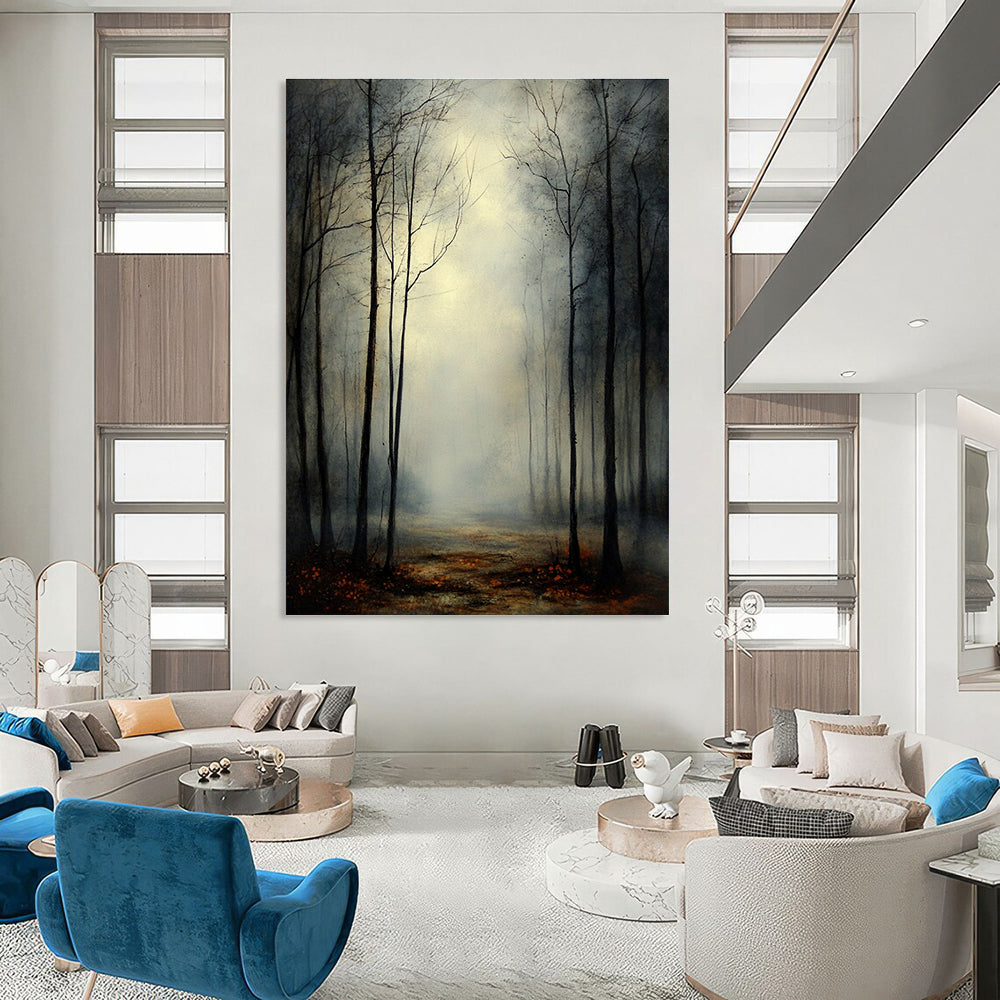 Abstract painting of a misty forest at twilight with eerie silhouettes of leafless trees under an overcast sky evoking dread and contemplation.STSC1099