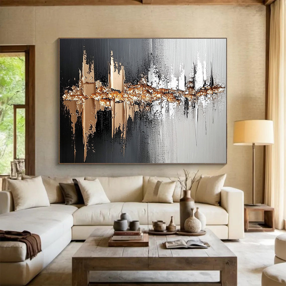 Black Gray Gold Abstract Painting with Textured Gold Accents DYP303