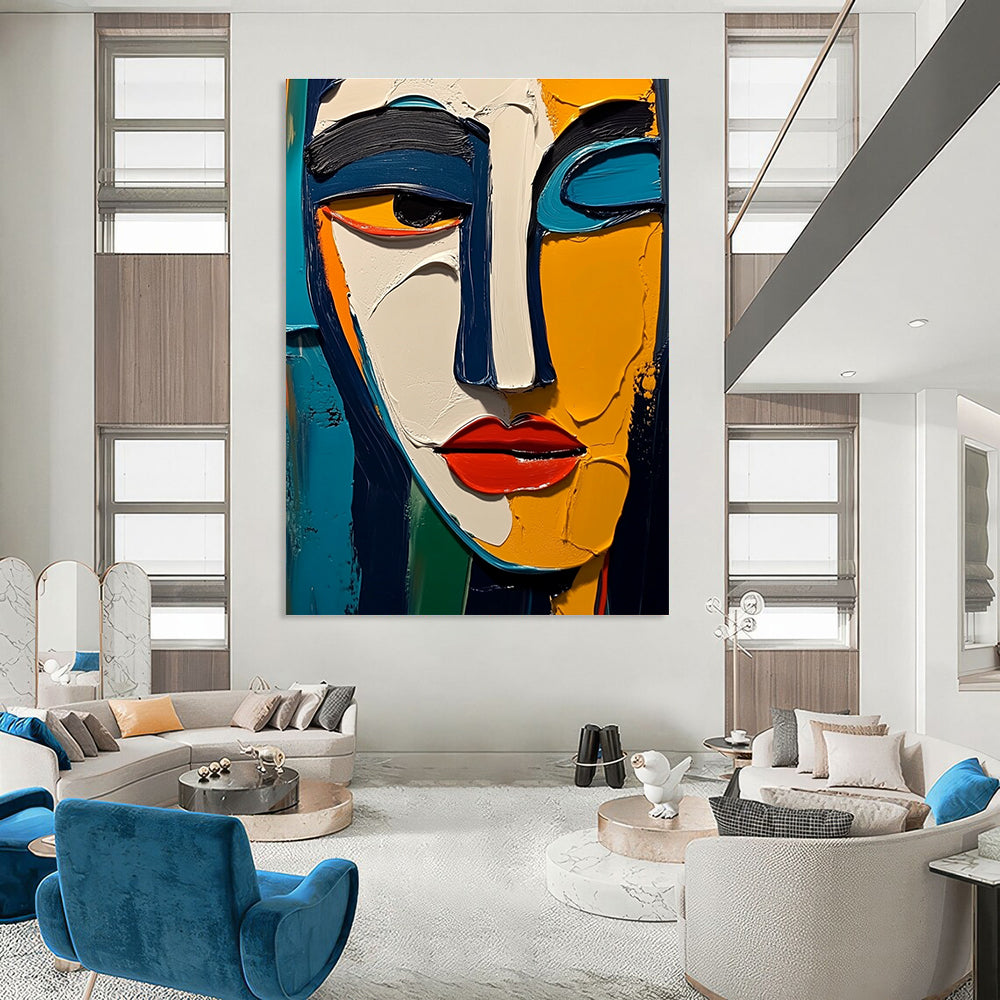 Large abstract painting featuring thick impasto texture with vibrant colors blue yellow white black red orange and green inspired by Picasso and Matisse.STSC557