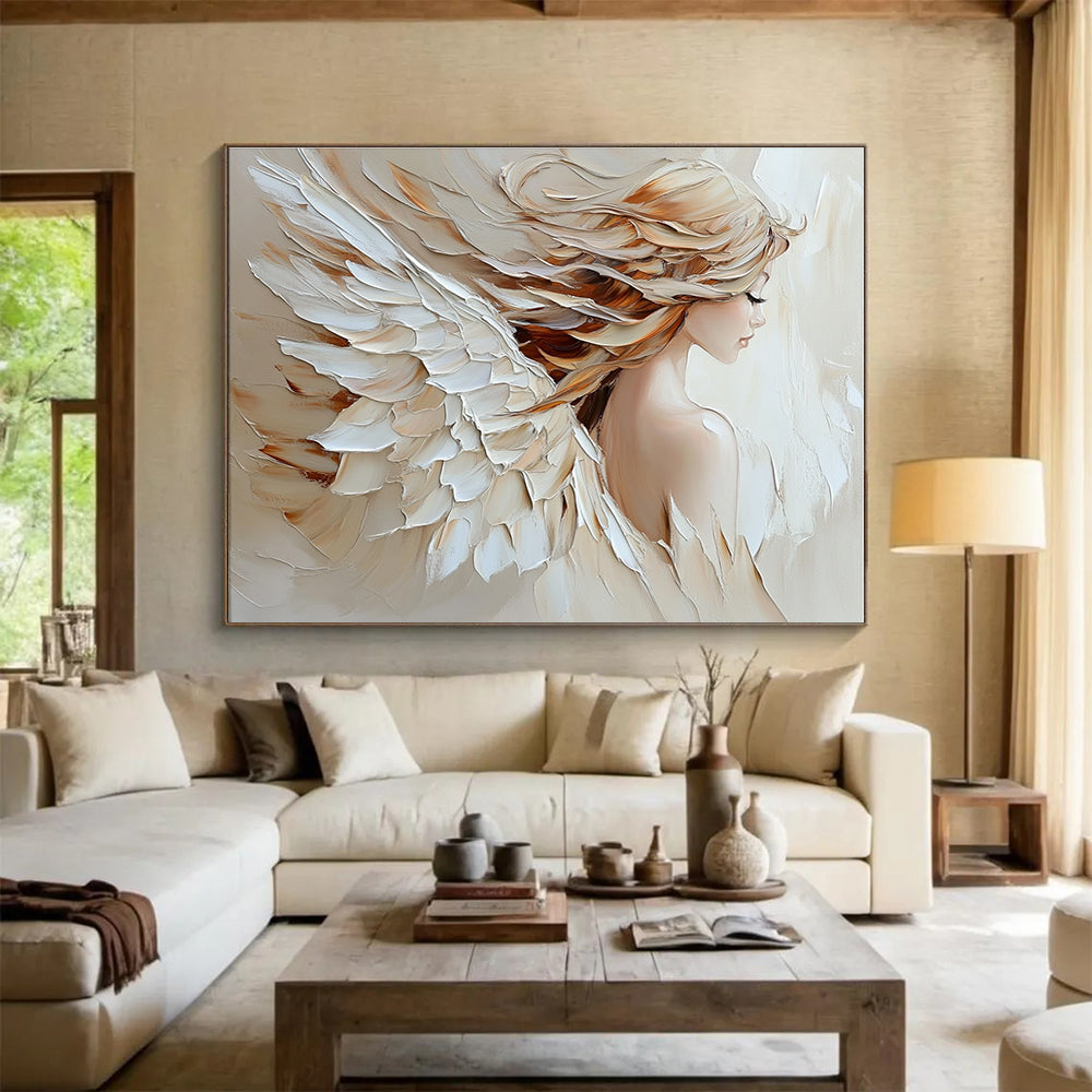 Large abstract oil painting of an angel with palette knife texture in beige and white colors featuring flowing hair on canvas.SC105