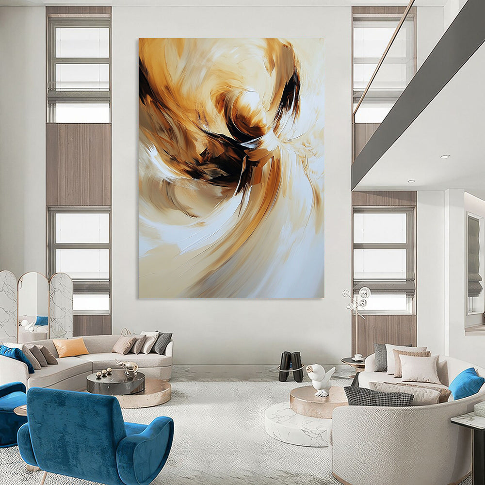 Large abstract painting of an angel featuring swirling brush strokes in warm beige and brown tones for a captivating aesthetic.STSC634