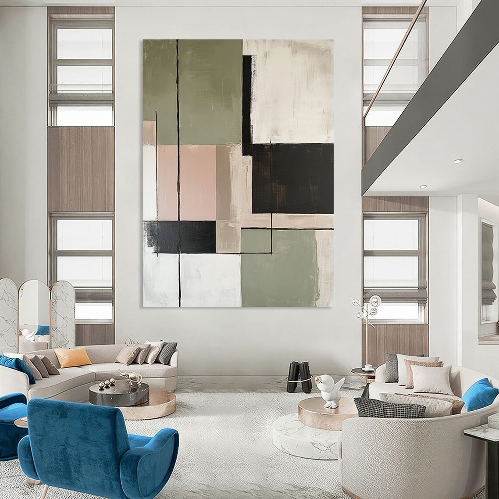 Large abstract painting featuring soft sage green beige and black color blocks with minimalist thin lines for an elegant modern decor.STSC810