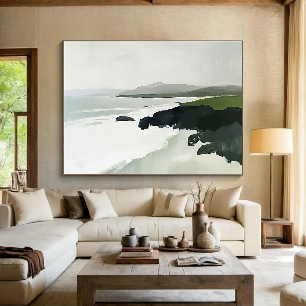 Abstract painting of the Irish coast featuring green rocks white waves and distant mountains in a minimalist style with soft edges and natural lighting.SC160
