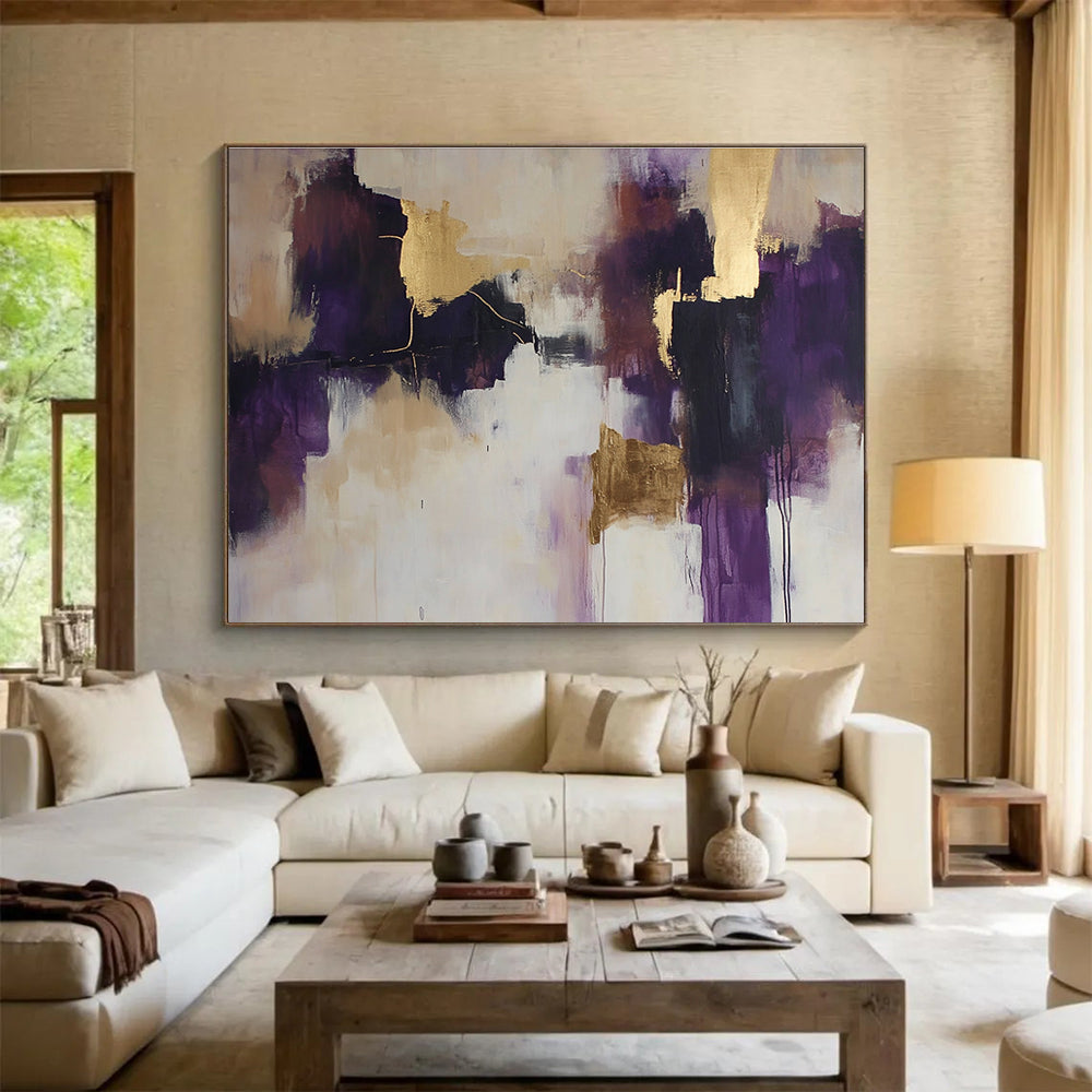 Purple and Gold Abstract Painting with Dynamic Forms DYP396