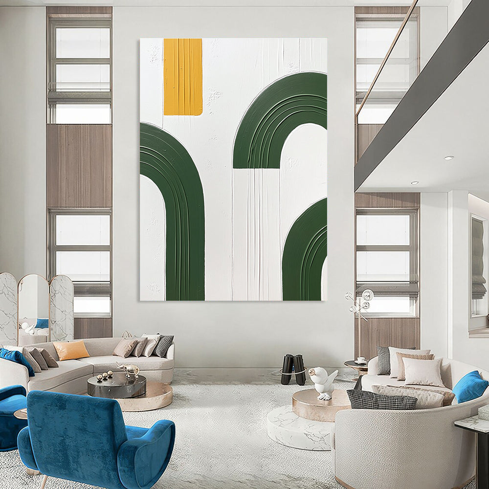 Large abstract painting featuring green arches and yellow circles on a white background with a hand-painted texture in oil paint.STSC1092