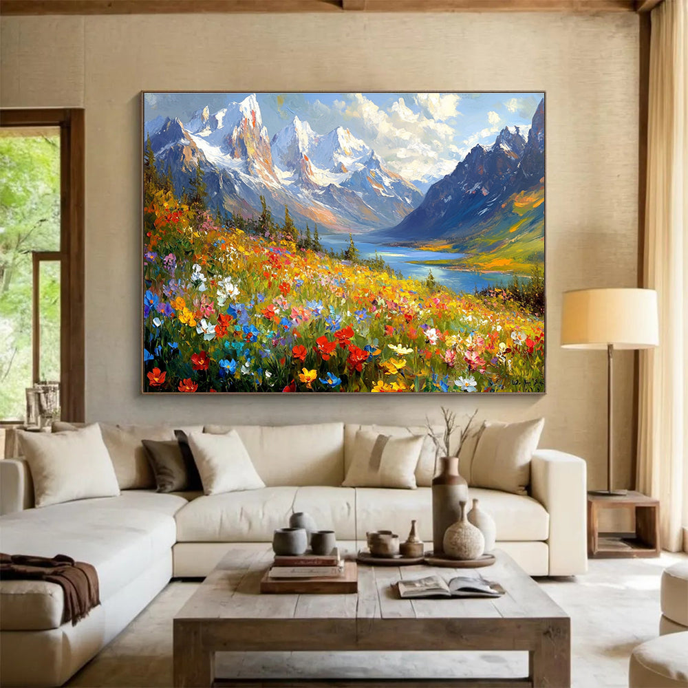 Abstract painting of vibrant wildflowers with majestic snow-capped mountains lakes and forests creating a stunning natural landscape.SC581