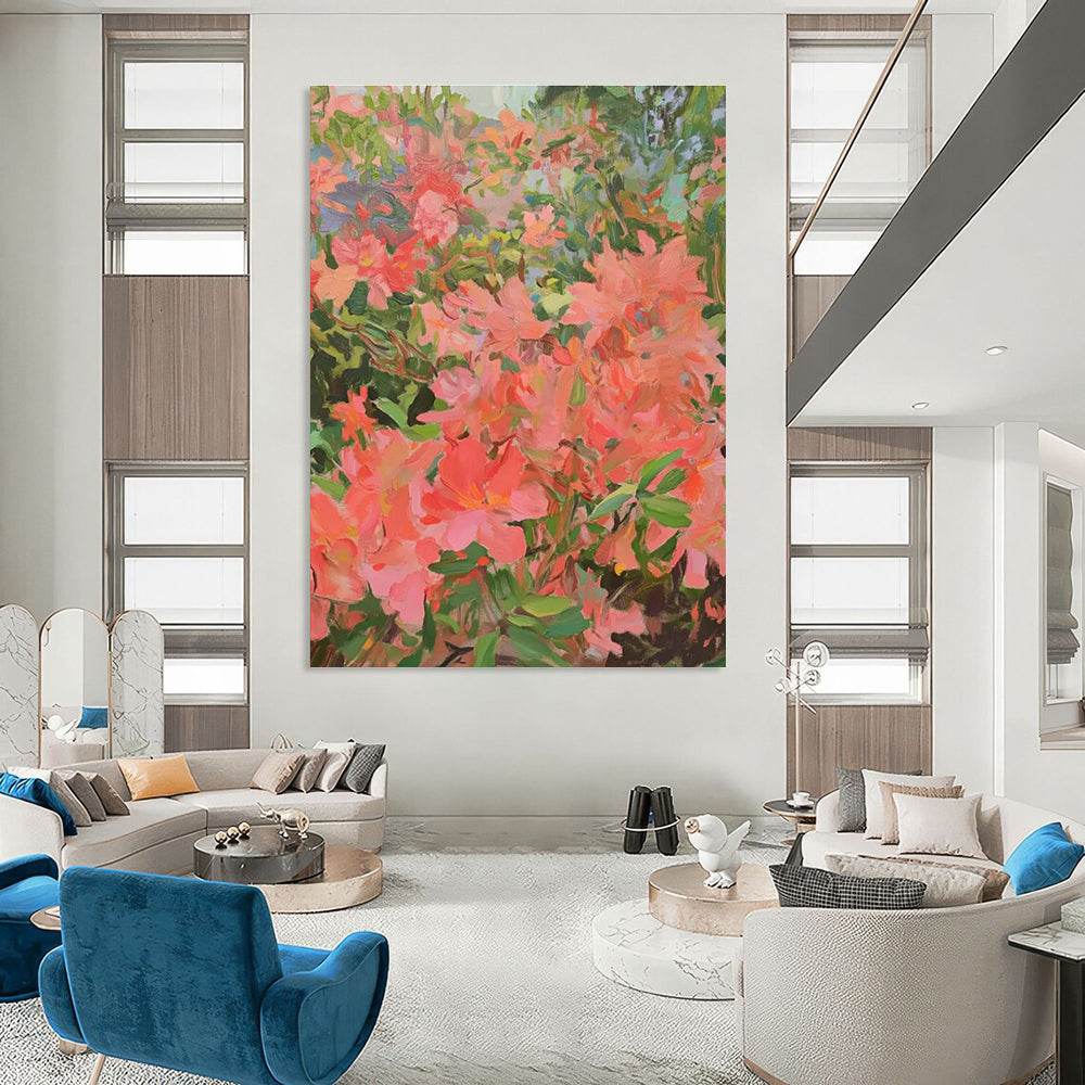 Pink Blossom Abstract Painting with Lush Greenery ADGE433