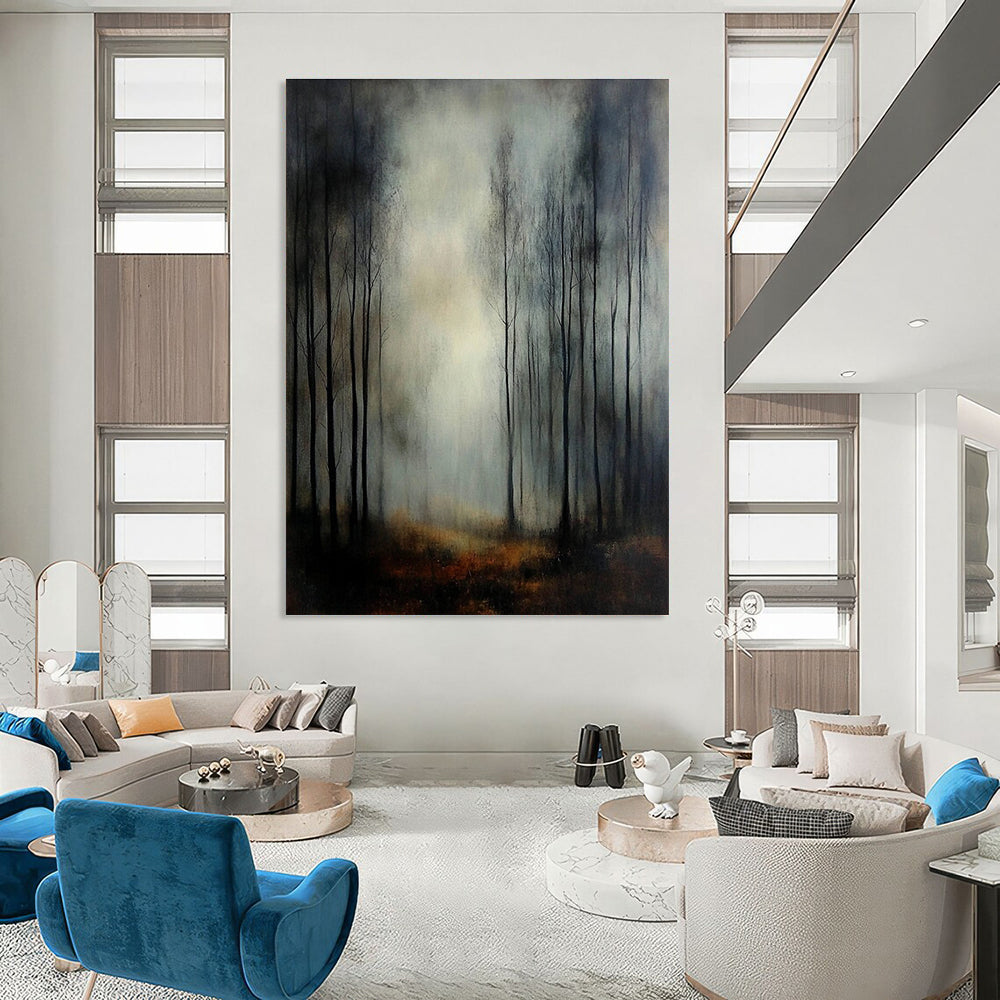 Large Abstract Painting of a foggy autumn forest featuring thin trees and chiaroscuro lighting for a dramatic mysterious atmosphere.STSC1306