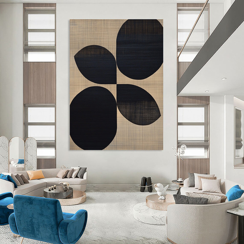 Large abstract painting featuring black oval shapes on a beige wood grain background reflecting midcentury modern organic design.STSC312