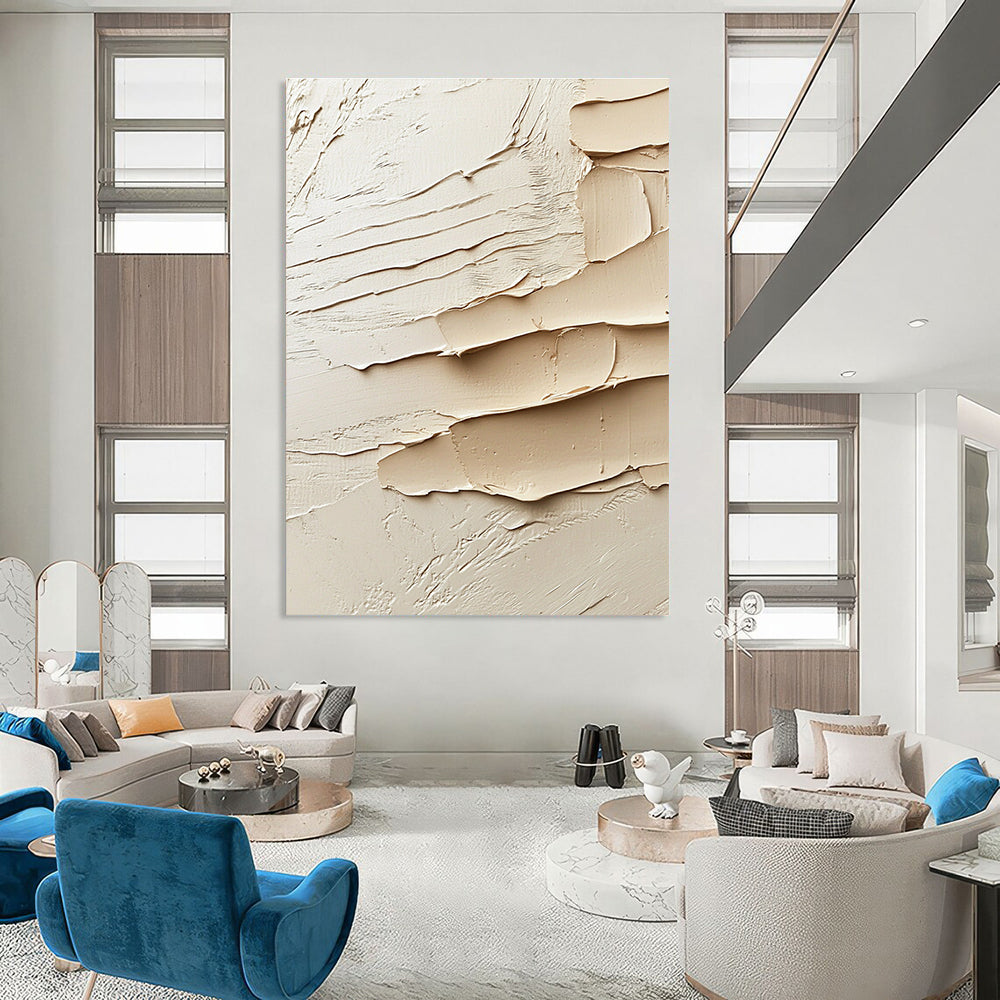 Large abstract painting showcasing soft clay textures in shades of beige and cream with sculptural potential reflecting Abstract Expressionism.STSC1284