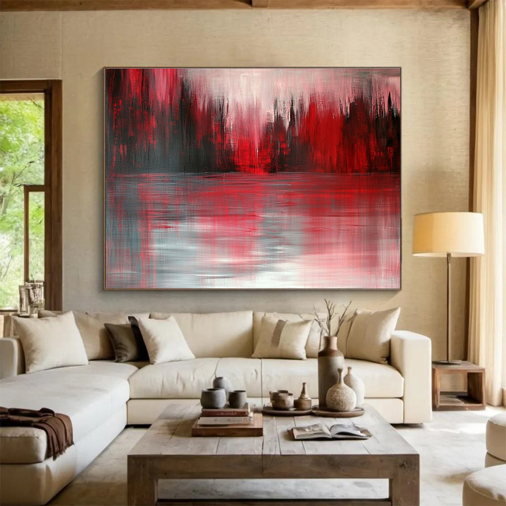 Red and Gray Forest Reflection Abstract Painting with Dramatic Hues DYP331