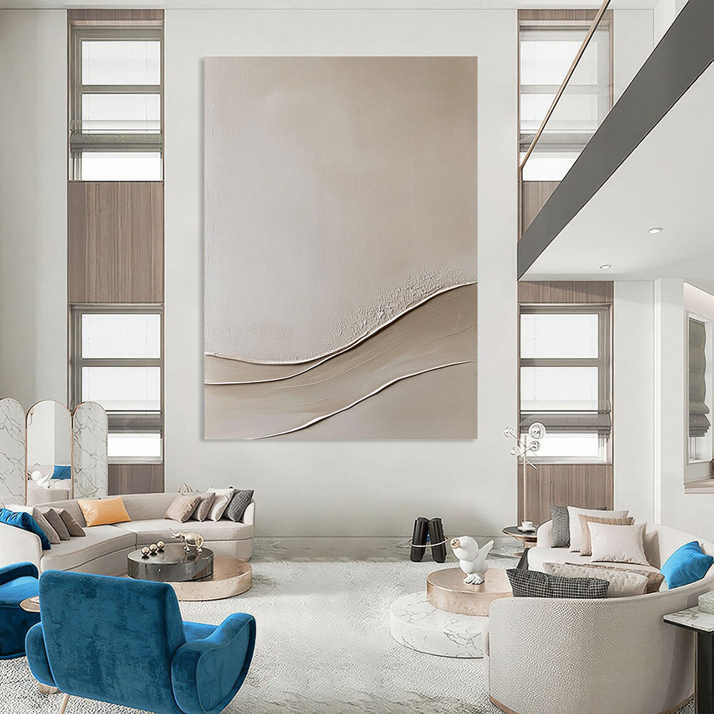 Abstract painting featuring a beige wall with smooth curved lines on a textured canvas in a neutral color palette and fine art style.STSC867