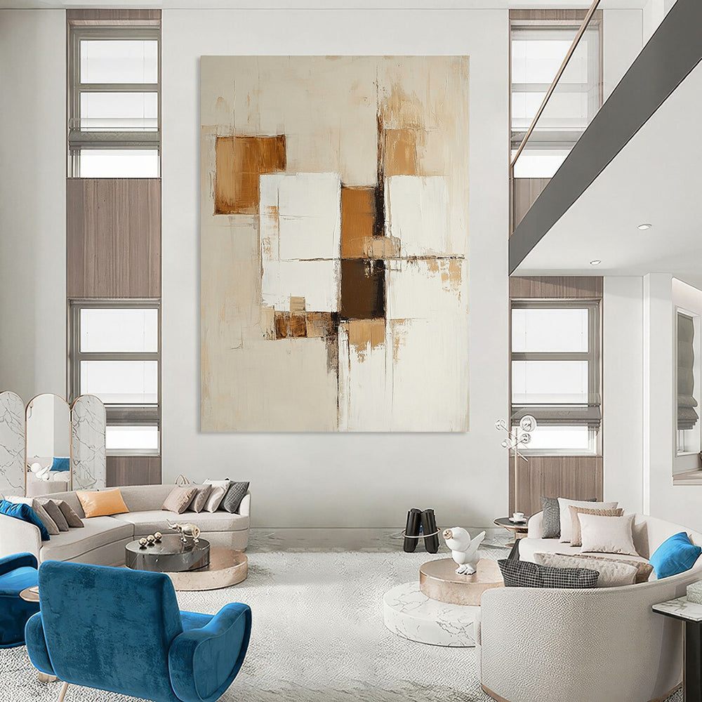 Large abstract painting featuring beige and white squares with brown accents for a modern artistic touch.STSC763