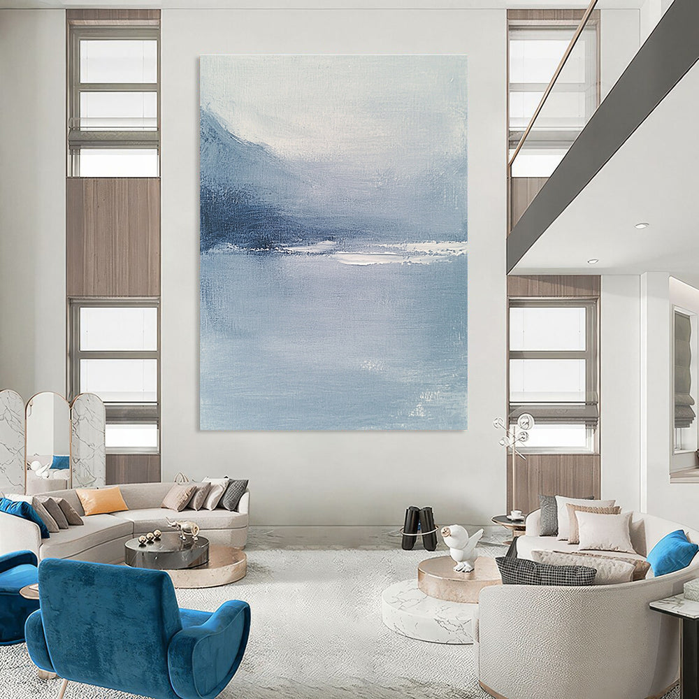 Abstract blue-gray sea artwork featuring a soft misty atmosphere inspired by Whistler's style designed to enhance any elegant space.STSC029