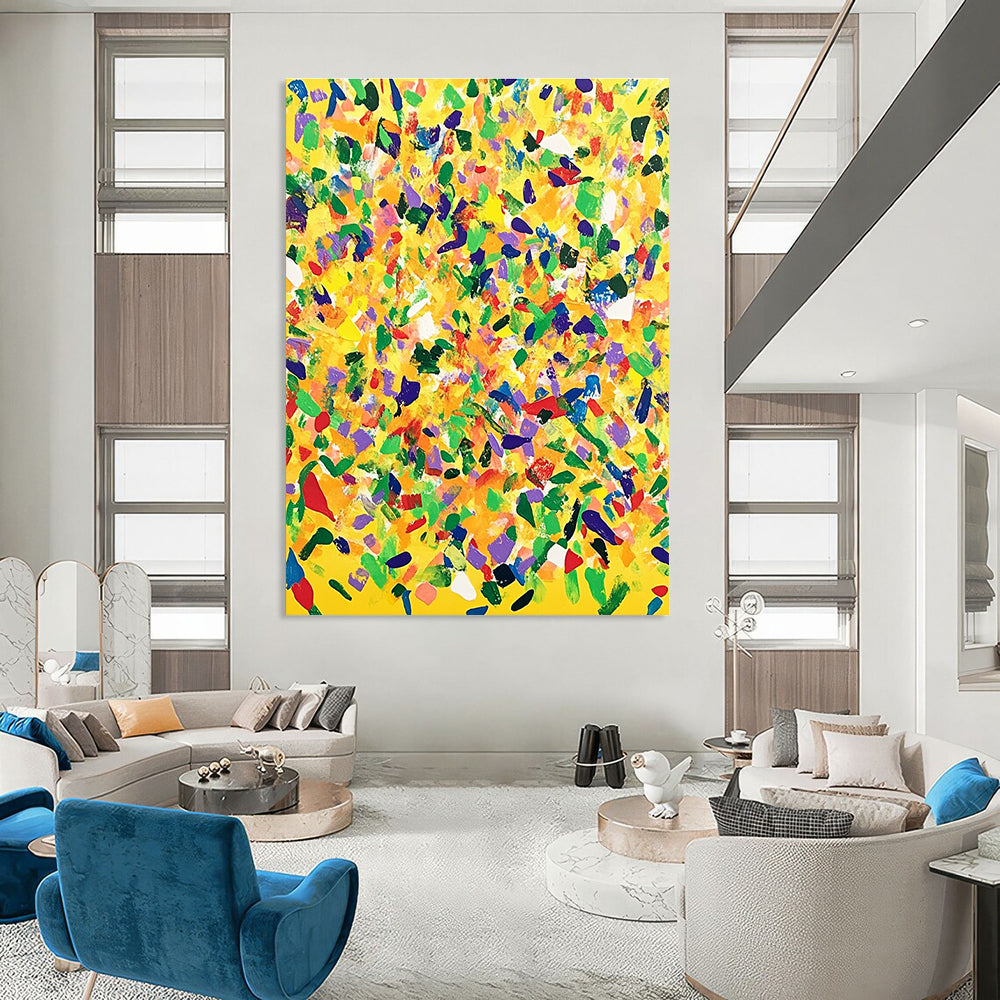 Large abstract painting with a yellow background and colorful confetti in joyful patterns, oil on canvas from the My Caverns series.STSC1269