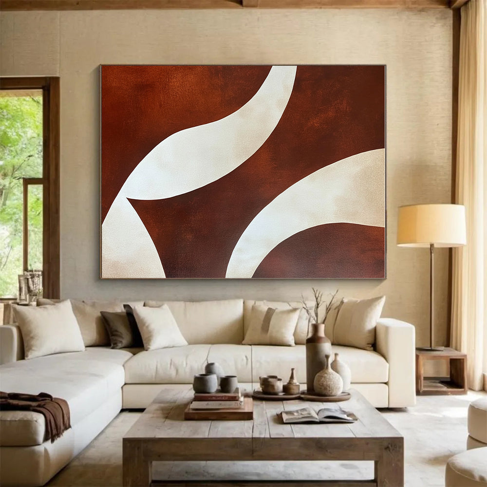 Brown and White Curved Shapes Abstract Painting with Smooth Lines GER030