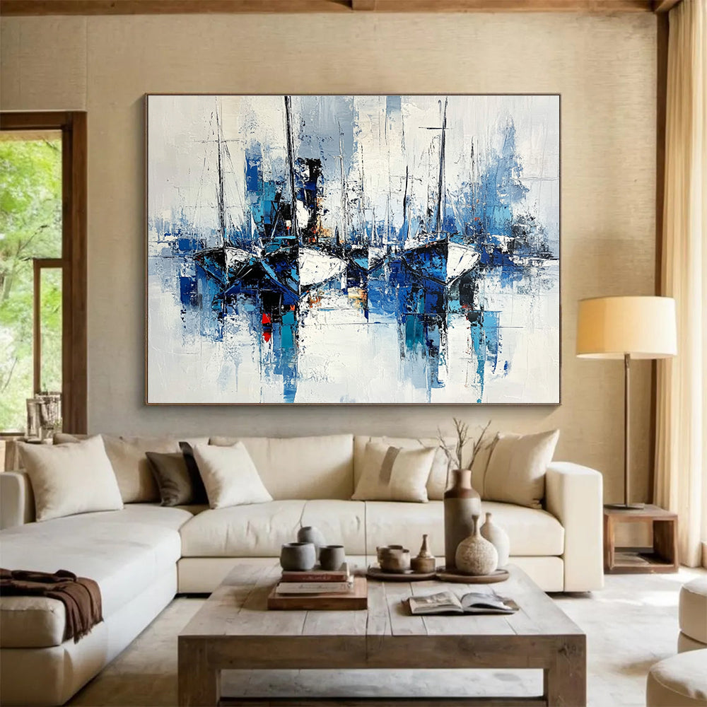 Abstract Boats Blue and White Impressionistic Painting with Textured Brushstrokes DYP191