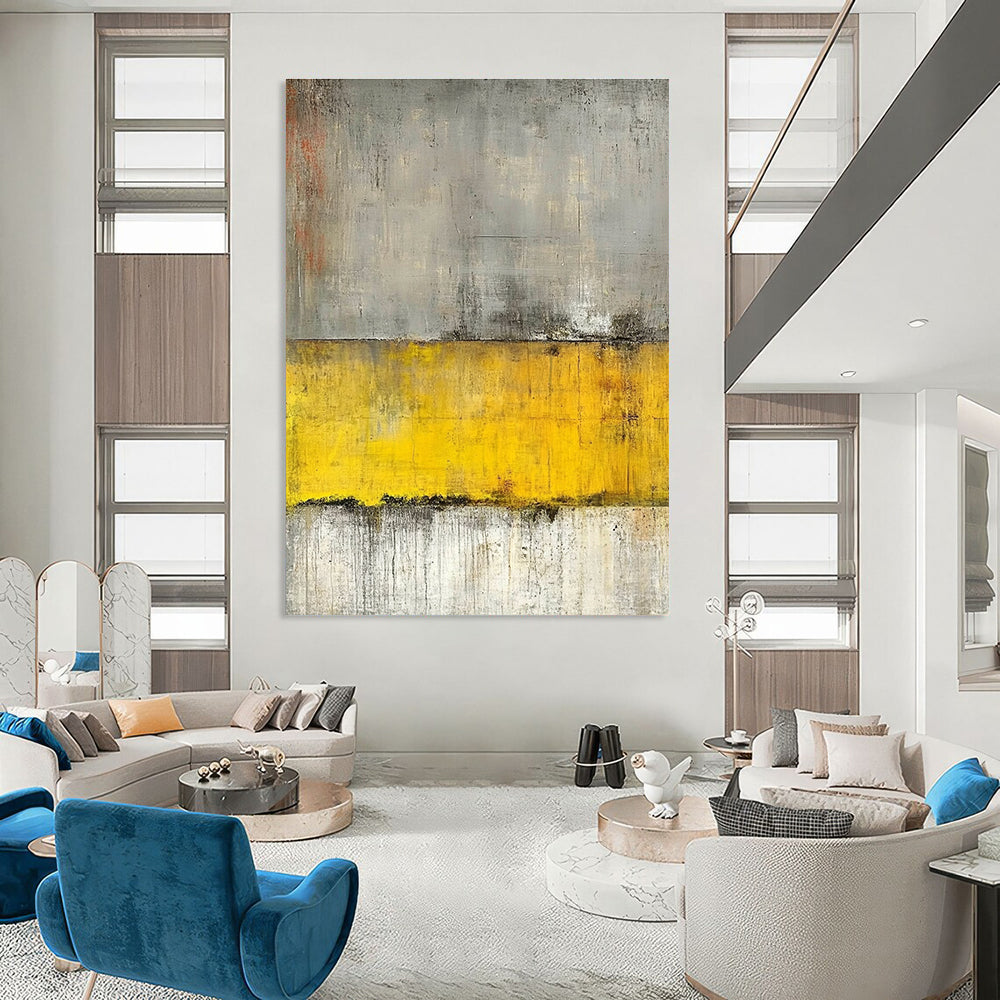 Large abstract painting featuring gray and yellow tones with a concrete texture and grainy canvas highlighted by horizontal lines.STSC233