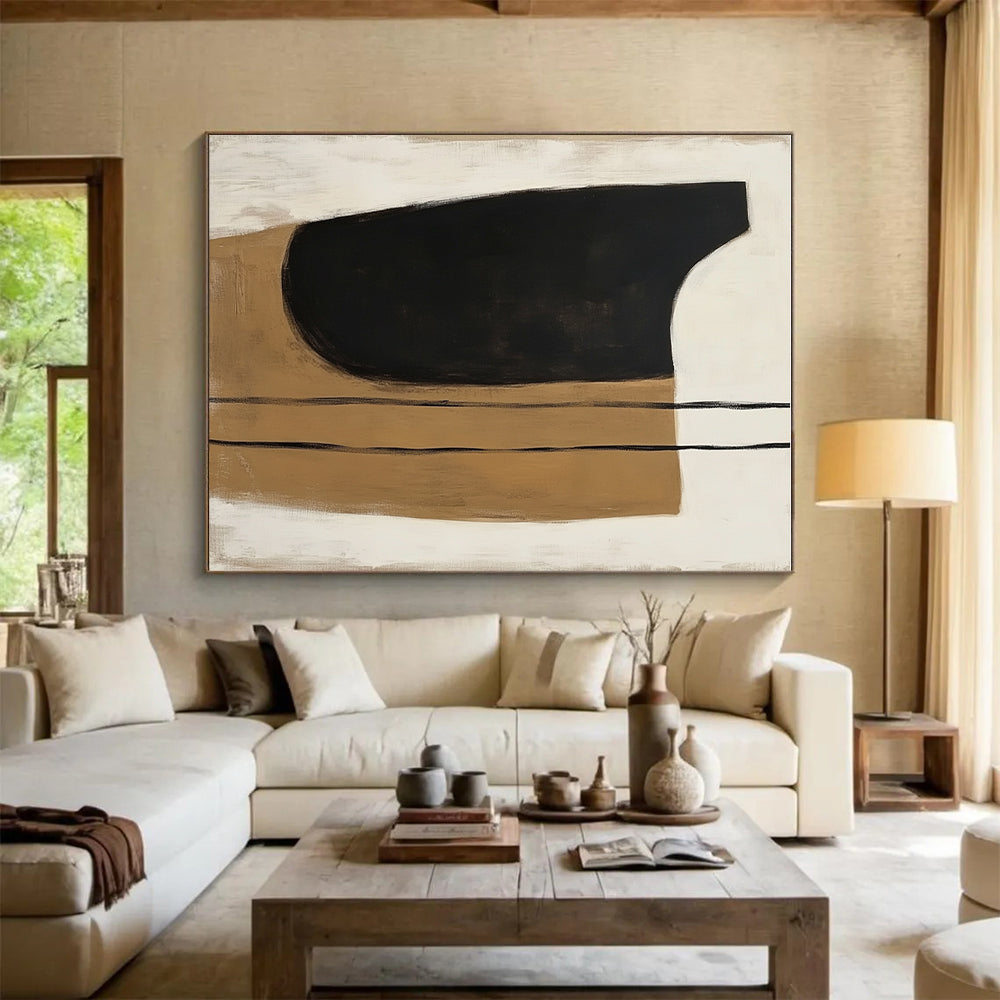 Black and Beige Minimalist Abstract Painting with Flowing Shapes GER225