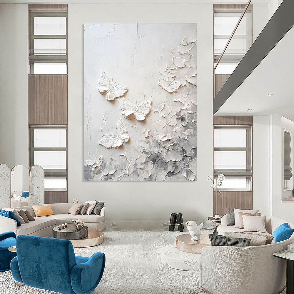 White Textured Butterflies Abstract Painting with Subtle Gray Tones ADGE448