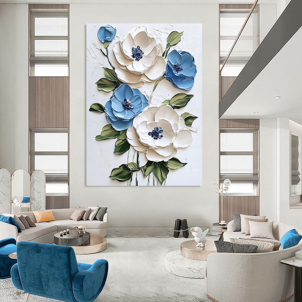 Abstract painting featuring textured white and blue flowers on a white background with green leaves and vibrant brushstrokes for a light tone.STSC1471