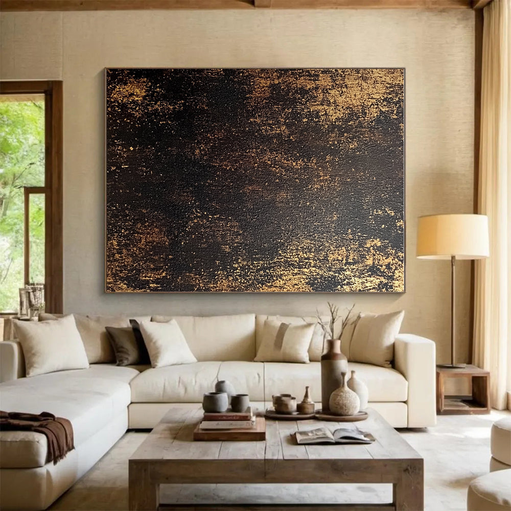 Black and Gold Abstract Painting with Vintage Patina GER102