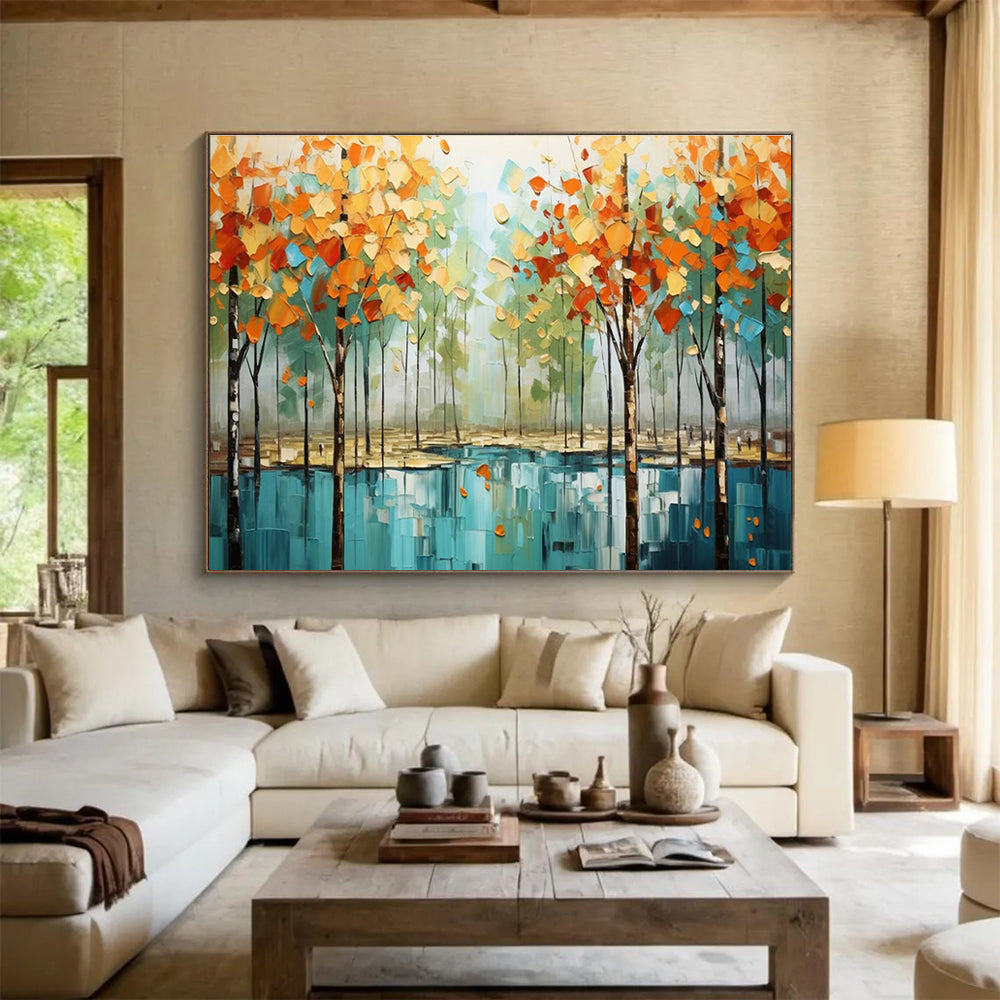 Autumn Forest Abstract Painting with Orange, Yellow, and Green Tones THY163
