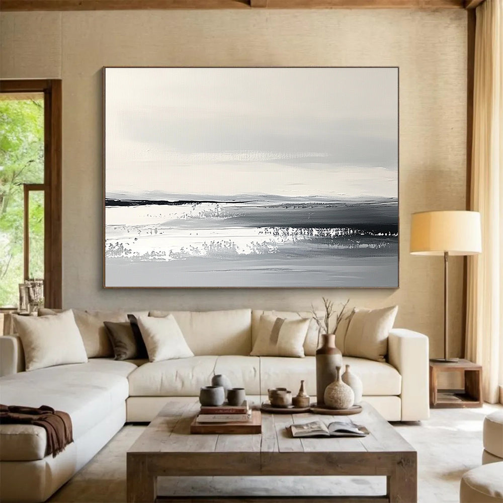 Monochrome Landscape Abstract Painting with Gray and White Tones DYP330