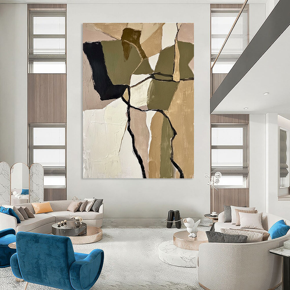 Large abstract painting featuring textured beige and olive green shapes inspired by Robert Motherwell evoking calmness through earthy tones and organic forms.STSC844