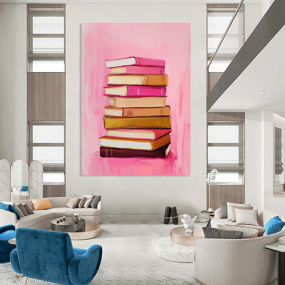 Abstract painting featuring a stack of books on a pink and gold background inspired by Marjolein Bastiaanse minimalist style oil on canvas.STSC1209