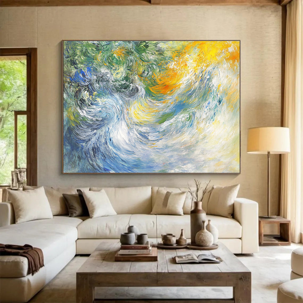 A large abstract painting of white water waves with expressive brush strokes soft colors and a dynamic interplay of light and movement.SC414