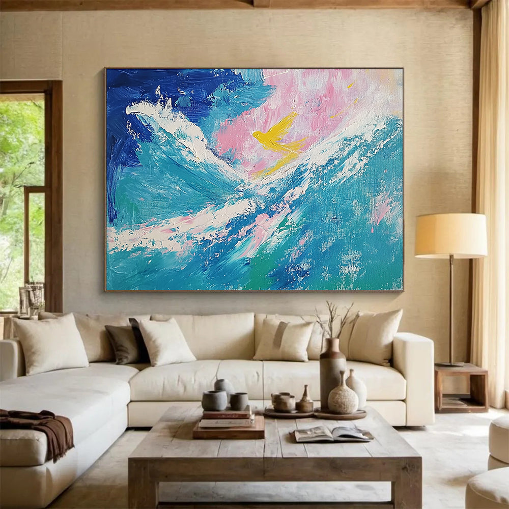 Sea and Bird Abstract Painting with Blue and Yellow Tones DYP522