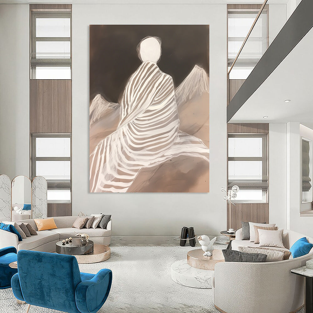 Large abstract painting featuring a zebra-patterned blanket wrapped around a woman atop mountains in layered translucency and fluid lines.STSC1292
