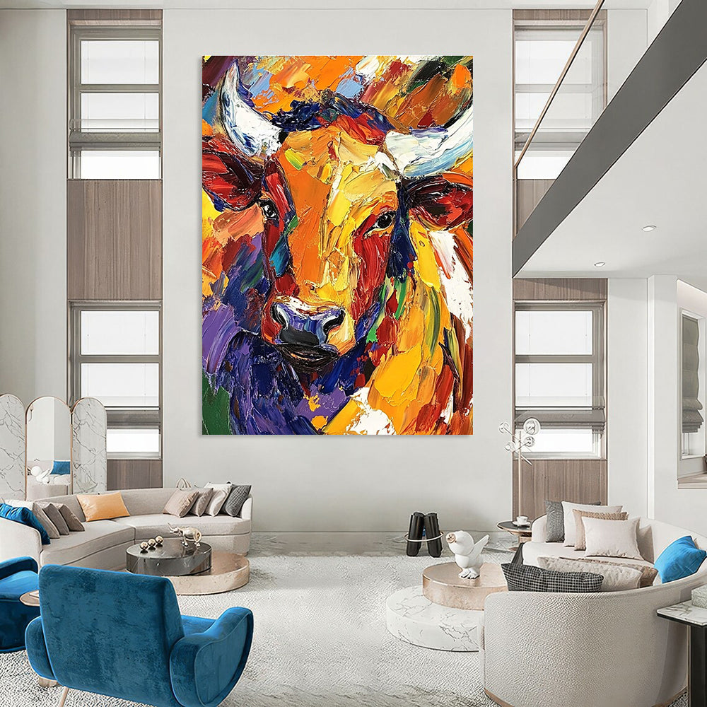 Large abstract oil painting of a colorful African bull with dynamic loose brush strokes showcasing vibrant artistry.STSC141