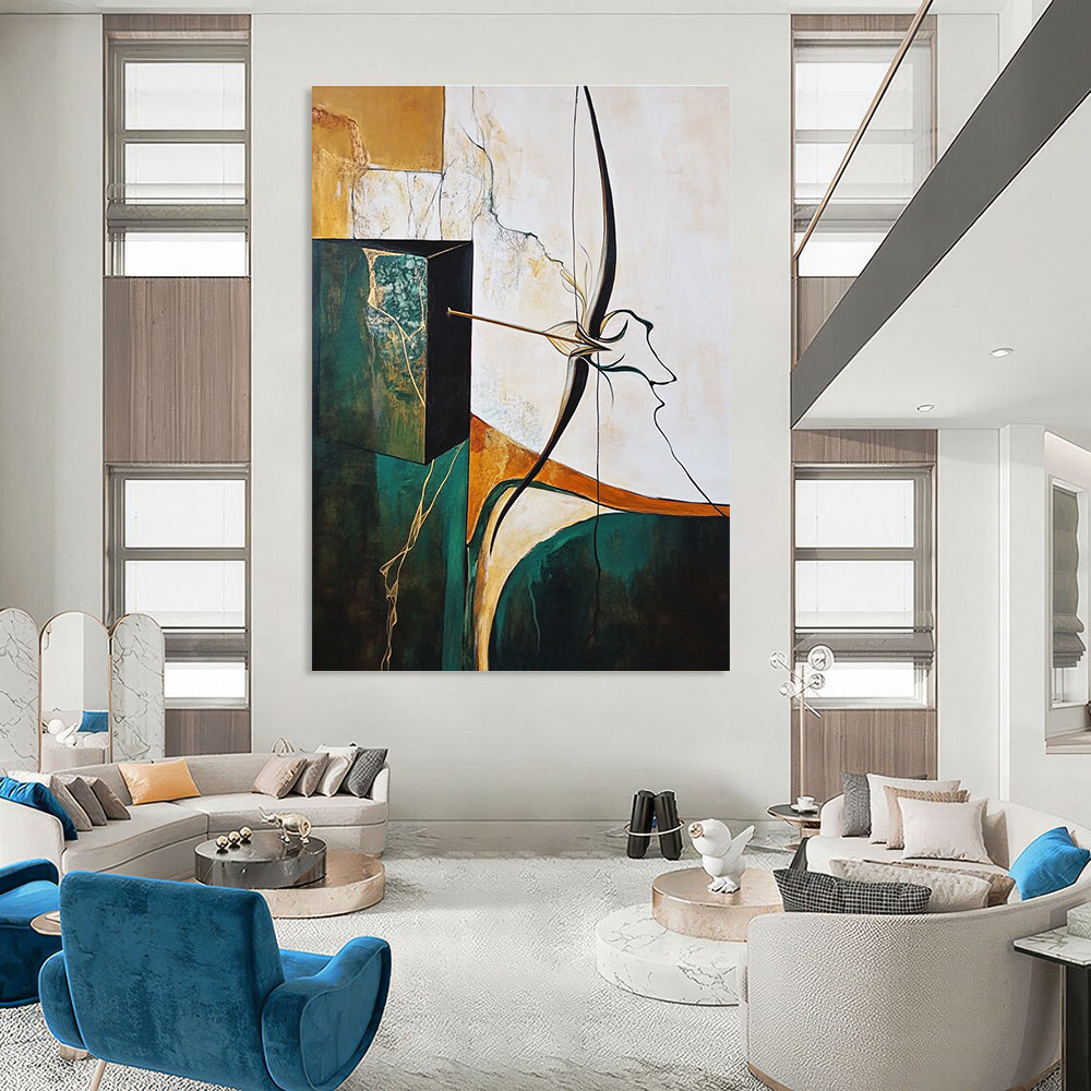 A large abstract painting featuring an archer's bow and arrow with surreal elements in earthy tones and soft pastels, emphasizing depth and texture.STSC637