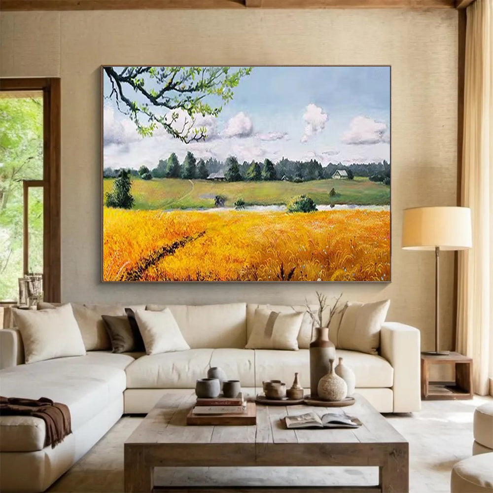 Countryside Field Abstract Painting with Yellow, Green, and Blue Tones THY208