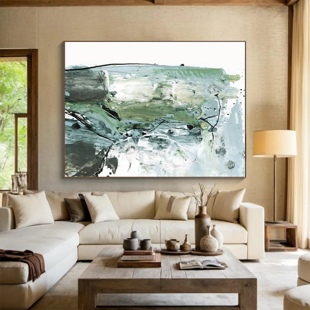 Green and Grey Abstract Painting with Textured Brushstrokes THY139