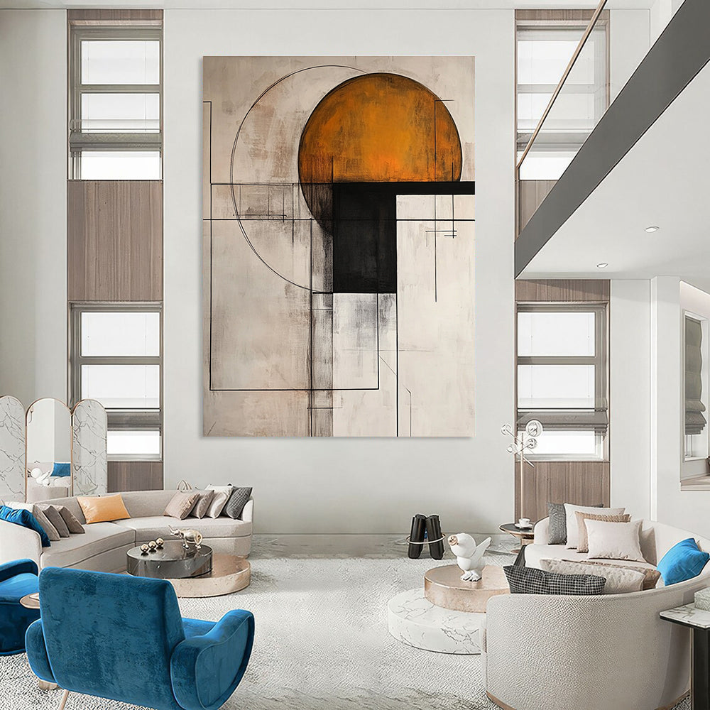 Large abstract painting with light gray background featuring dark amber and white geometric shapes and a harmonious color scheme in modern art style.STSC239