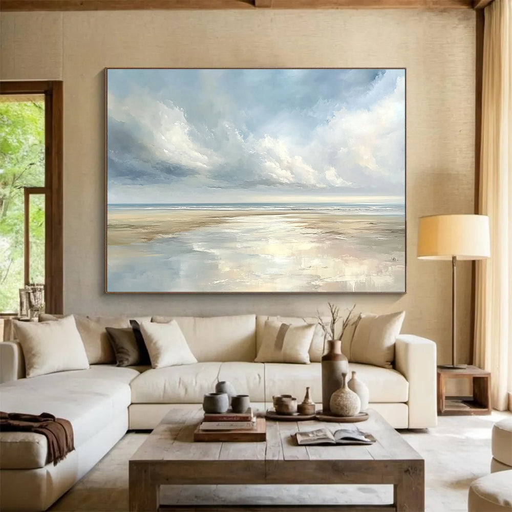 A large abstract painting depicting a serene coastal landscape with pastel skies and reflective puddles on sandy beaches, evoking tranquility.SC544