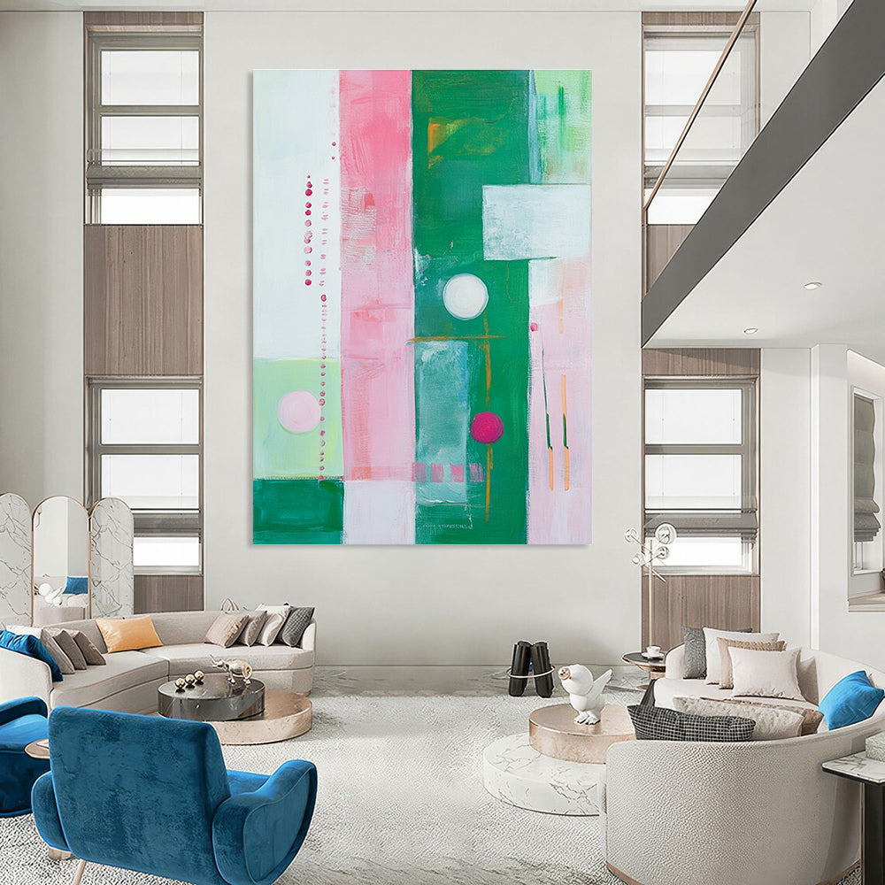 Large abstract painting featuring pink, green, and white stripes, circles, and squares inspired by Kathryn Statsny's style.STSC325