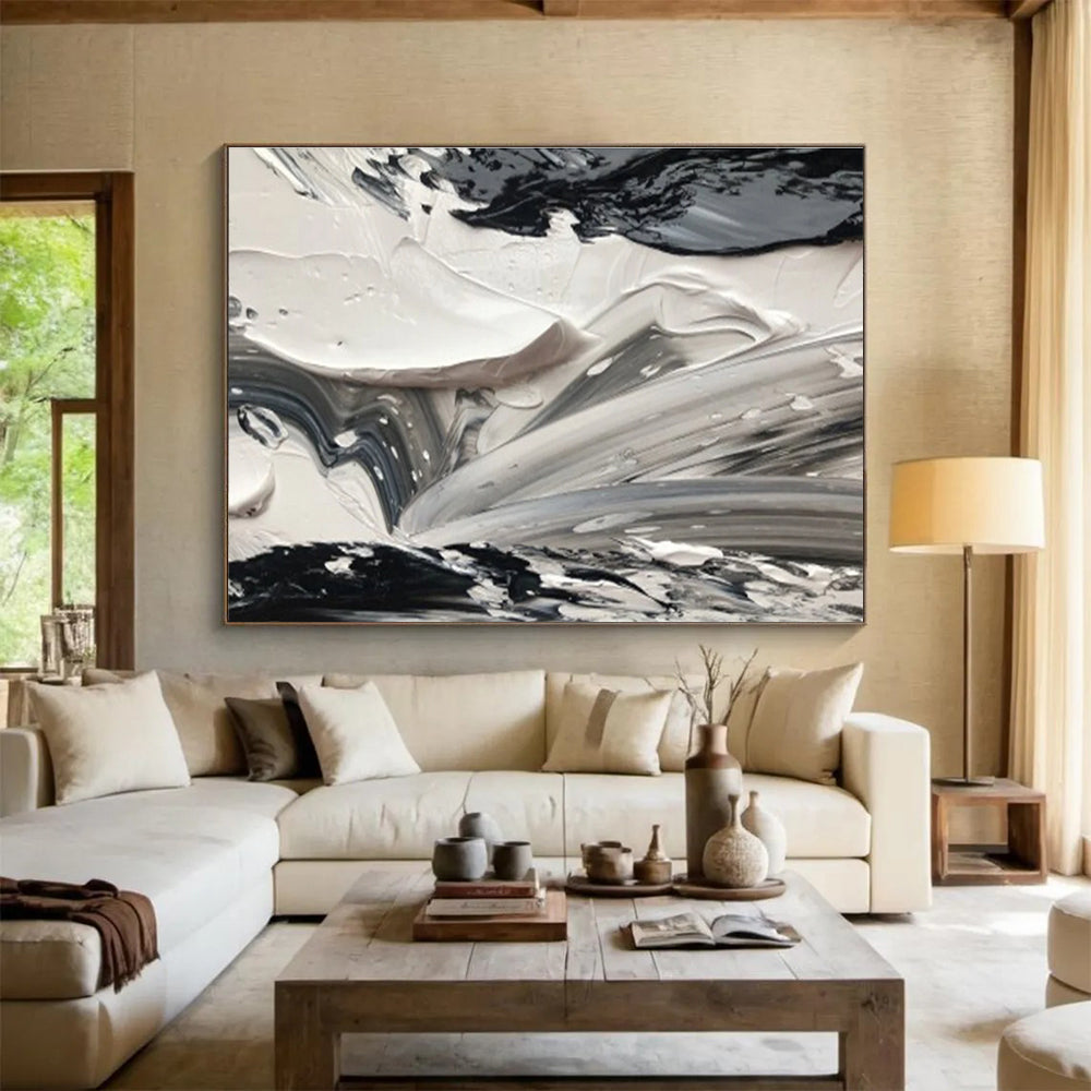 Monochrome Texture Abstract Painting with Black and White Swirls THY314