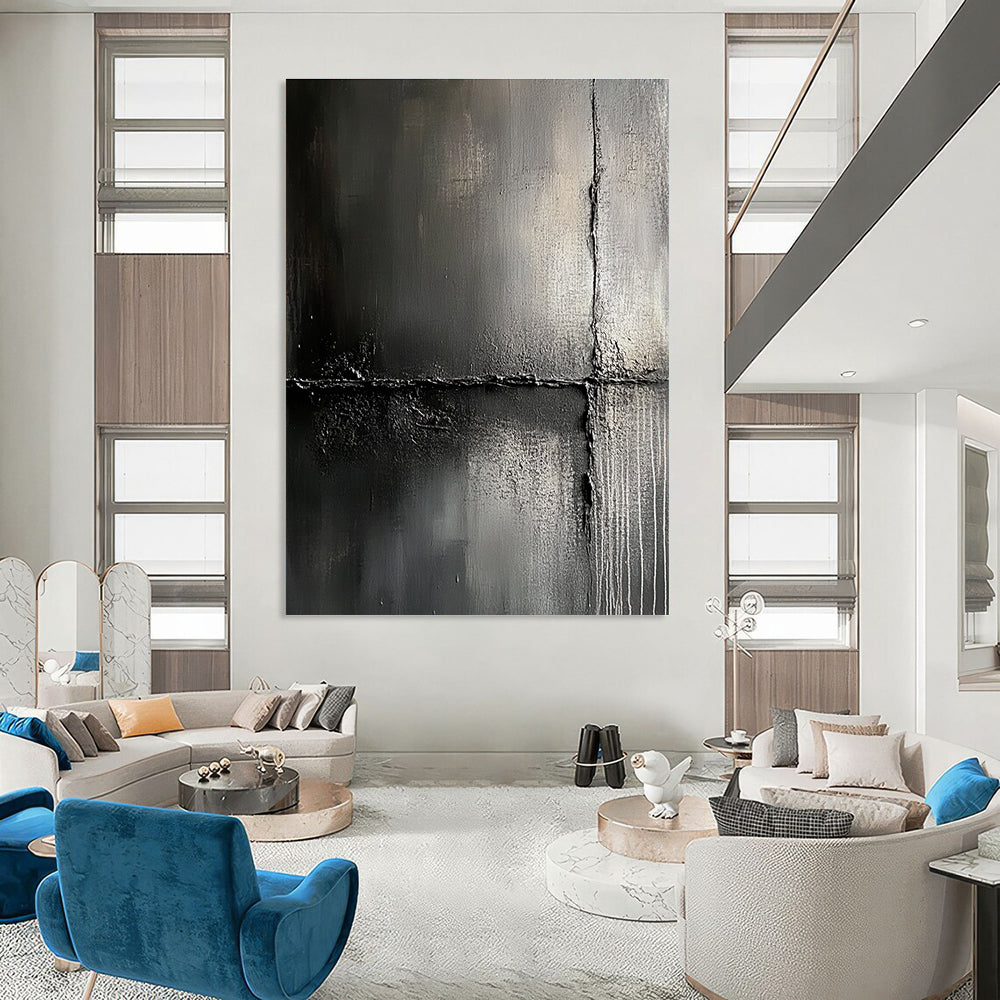 Large abstract painting features impasto textures against a dark gray background evoking urban decay and mystery for captivating exploration.STSC425