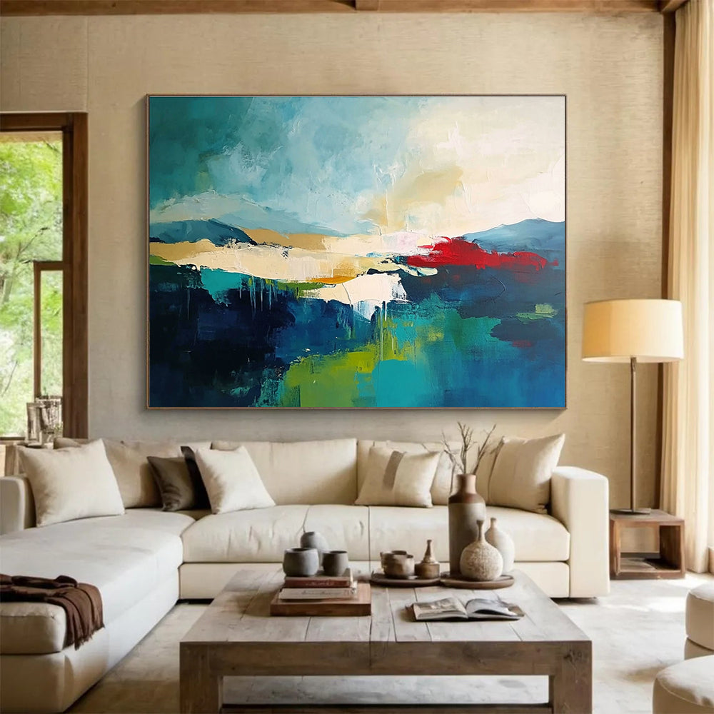 Large abstract painting featuring a dark sky-blue and light emerald green palette with beige and red accents on a soft neutral background.SC087