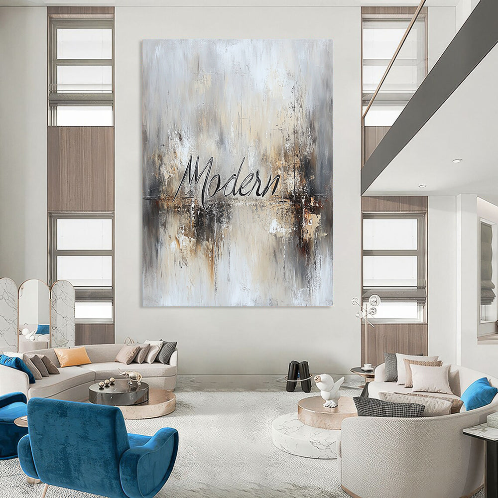 Large abstract painting featuring the word Modern in cursive with muted neutrals and metallic accents for a sophisticated contemporary vibe.STSC816