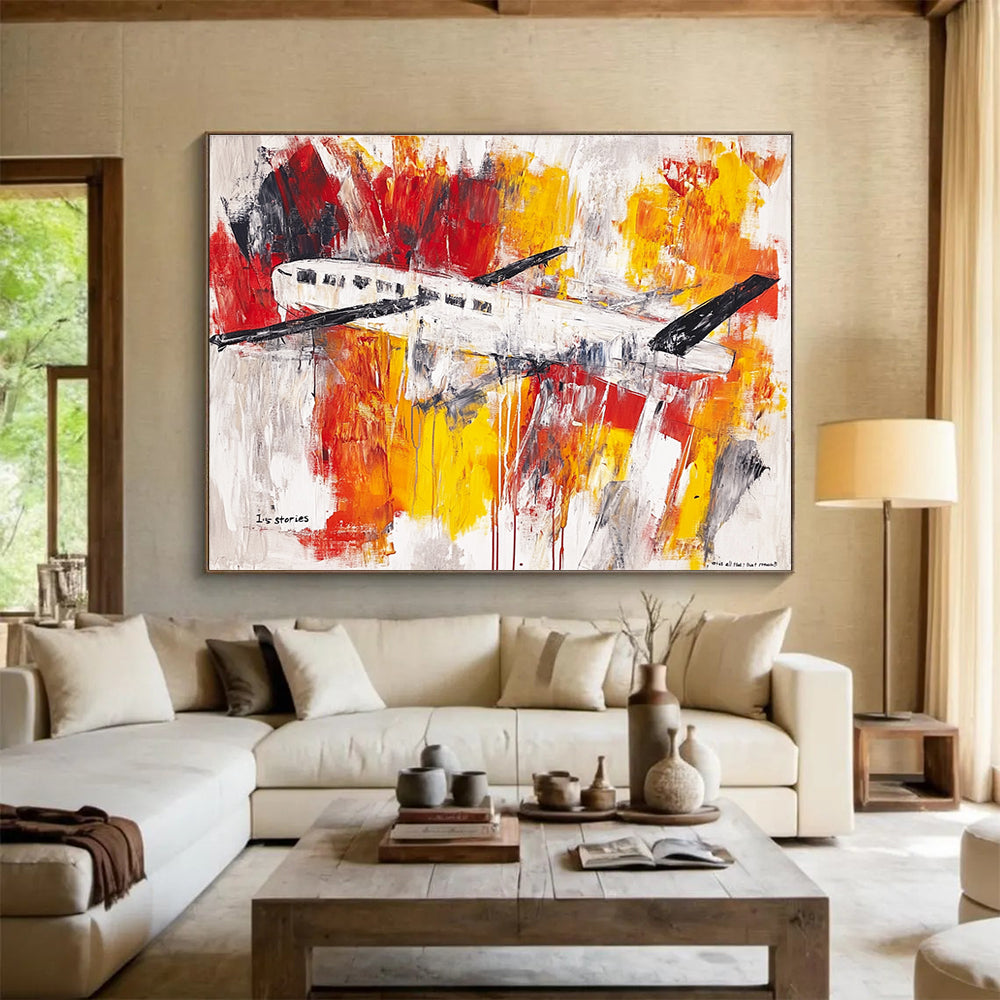 A large abstract painting featuring an airplane and a clothesline in vibrant brush strokes and washes of red, yellow, orange, grey, and silver on a white background.SC333