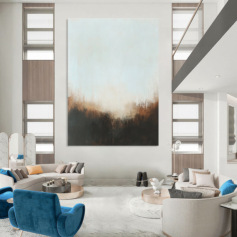 Large abstract painting with muted colors and soft edges featuring a foggy atmosphere and hints of gold accents in a low-key lighting.STSC099