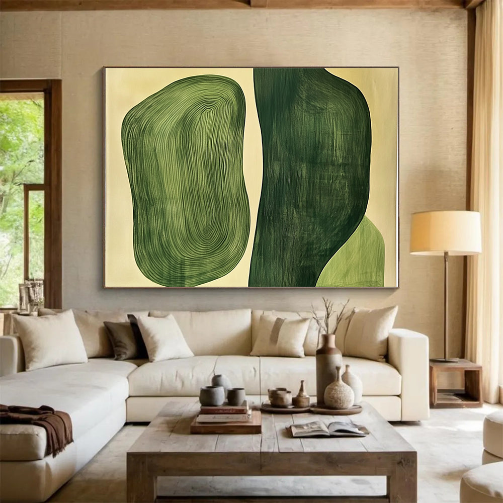 Large abstract painting featuring two organic green shapes, one flat and the other with raised wood grain texture.SC204