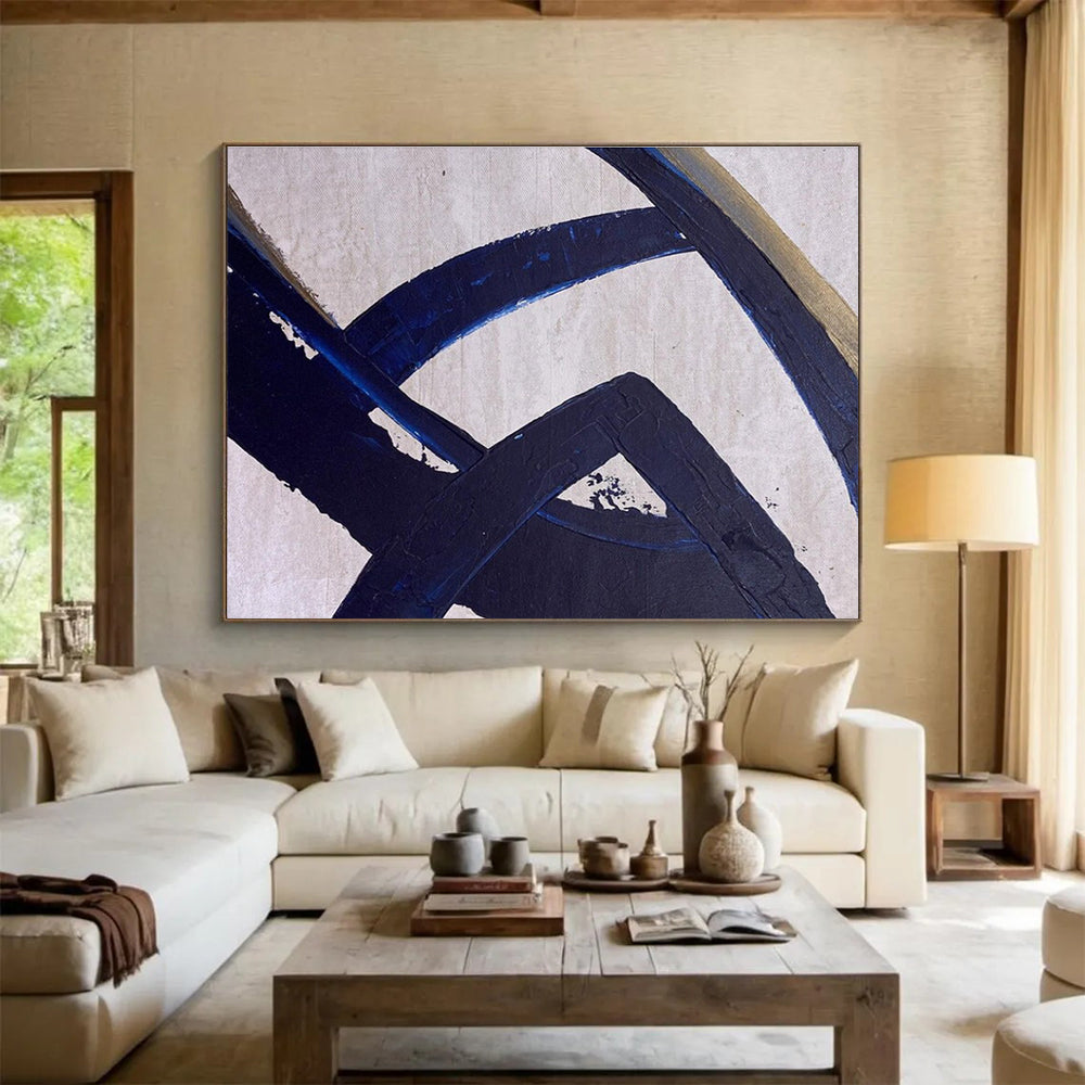 Navy Gold Abstract Painting with Intertwined Shapes THY350